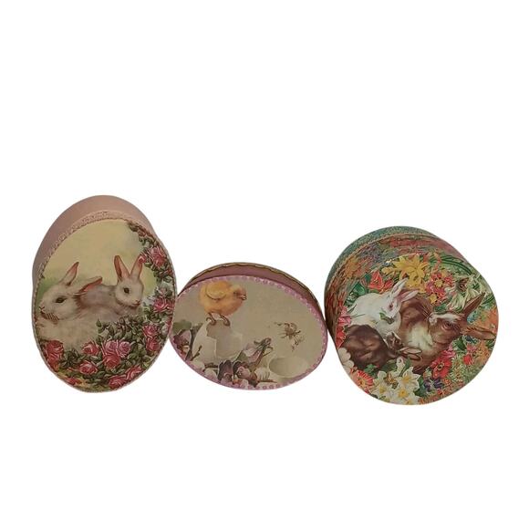 Set of 3 Easter Bunny Rabbit Chicks Oval Boxes Home Decor Gift Victorian Lace - Picture 1 of 13